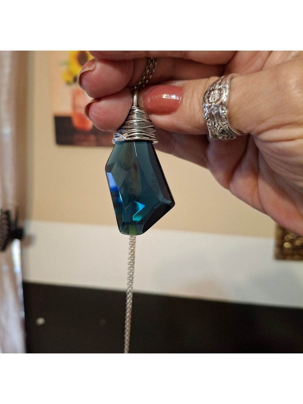 Chico's Silver and Teal Glass Pendant Necklace 36"